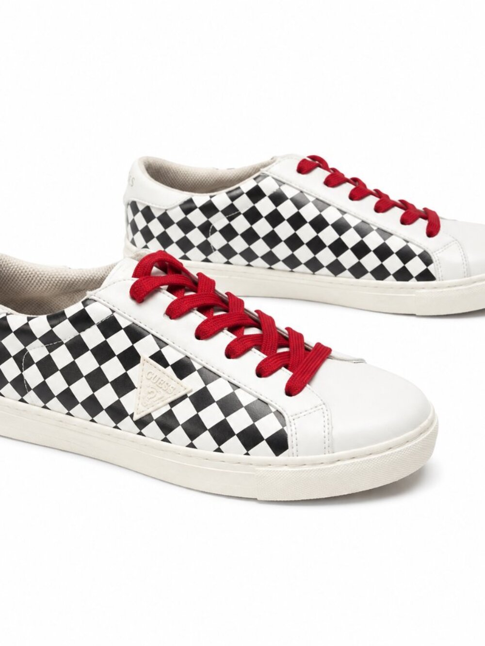 GUESS Men's Checkerboard Low Top Sneakers White Black Red Lace-Up Casual Shoes